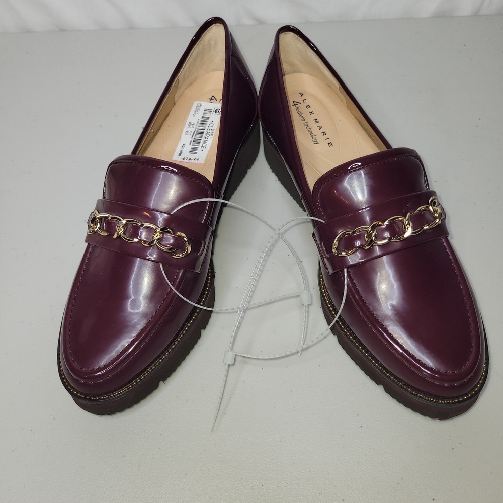 ALEX MARIE Burgundy Patent Loafers Chain Detail Platform Chunky‎ Sole